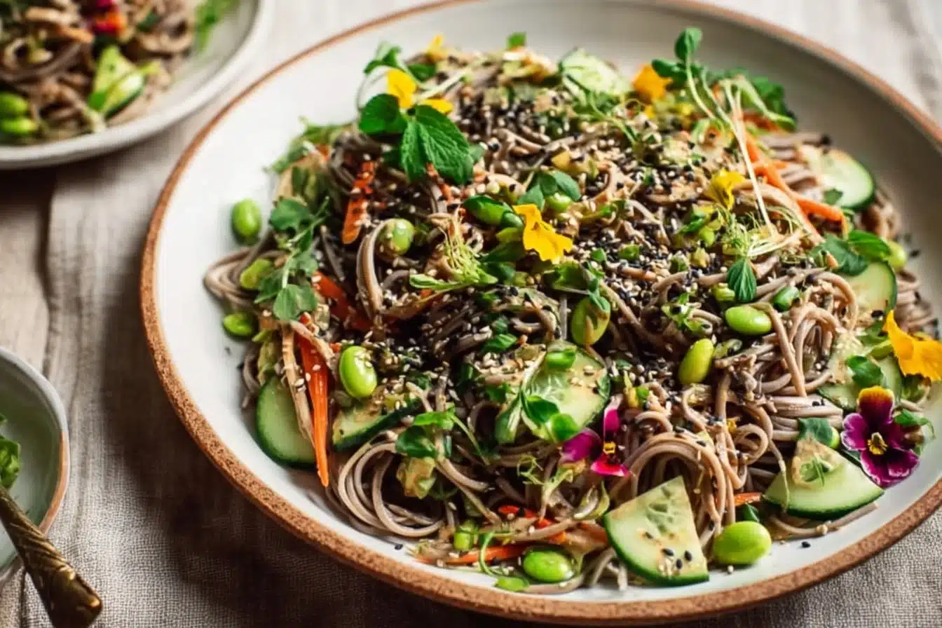 Soba noodle salad with tahini miso dressing and colorful vegetables.