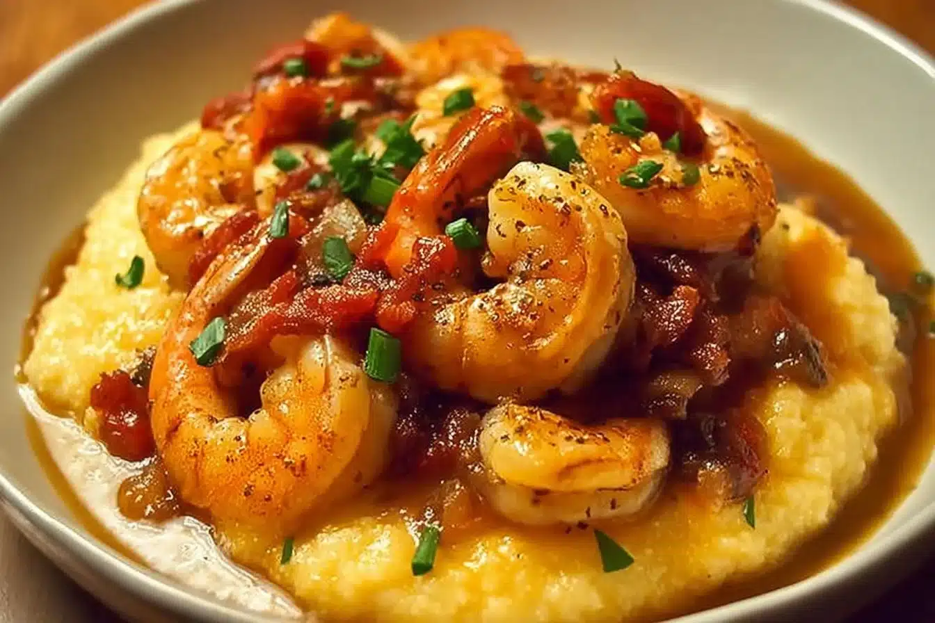 Delicious Spicy Cajun Shrimp served over creamy grits