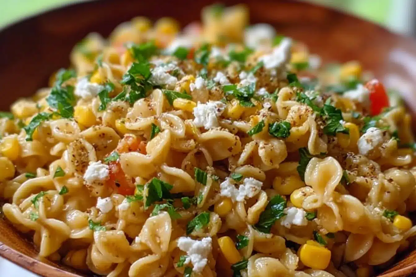 Spicy elote pasta salad with corn, peppers, and spices