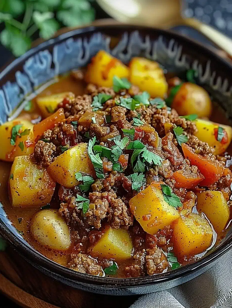 Bowl of spicy ground beef and potato curry garnished with fresh cilantro