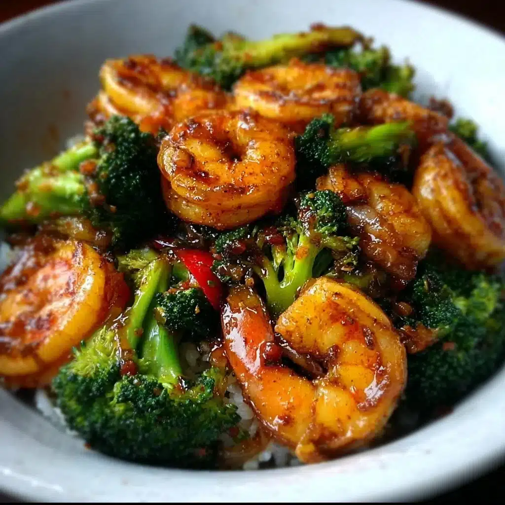 Spicy Honey-Garlic Shrimp & Broccoli Stir-Fry 3 Spicy honey-garlic shrimp stir-fry with broccoli served in a bowl