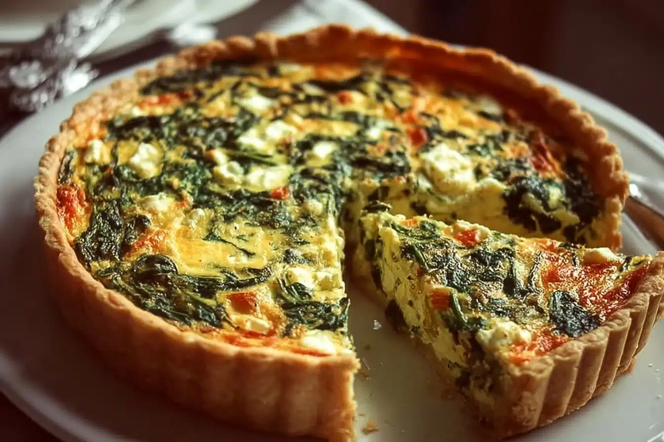 Delicious Spinach Feta Quiche served on a plate