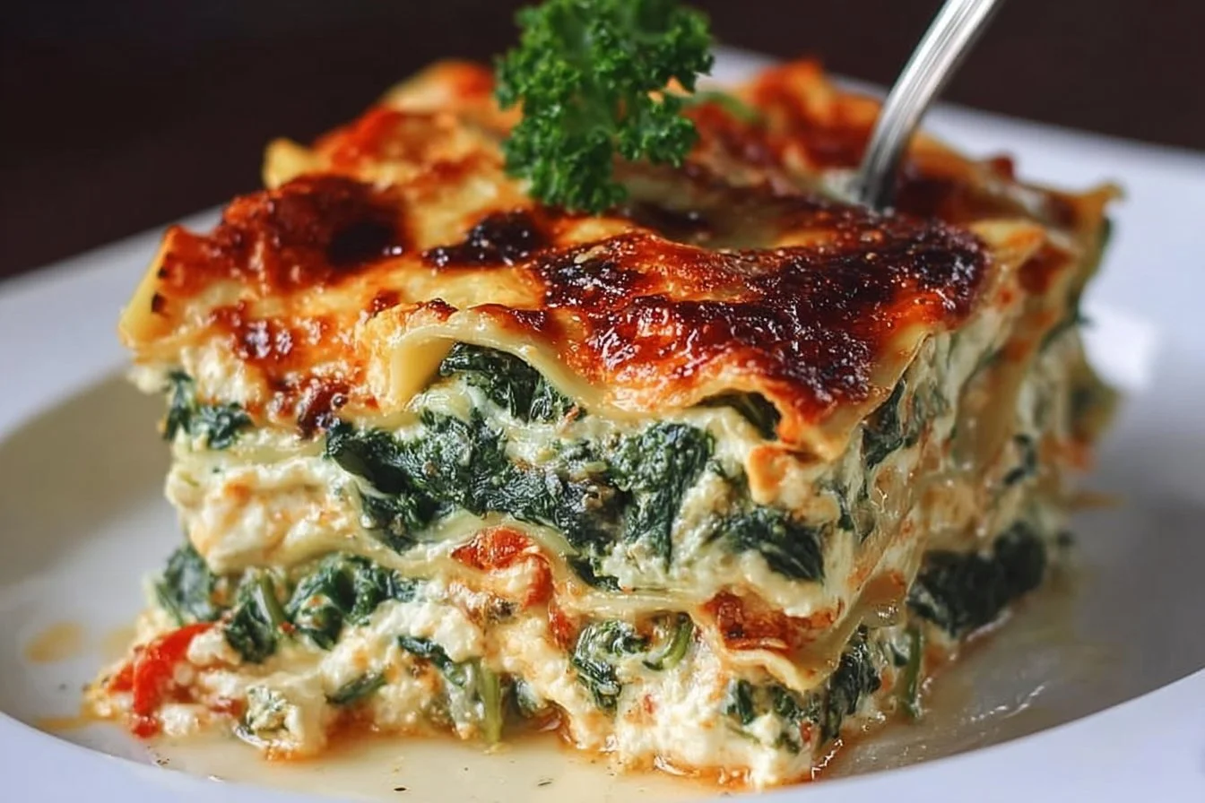 Delicious Spinach Ricotta Lasagna with layers of spinach, ricotta cheese, and marinara sauce