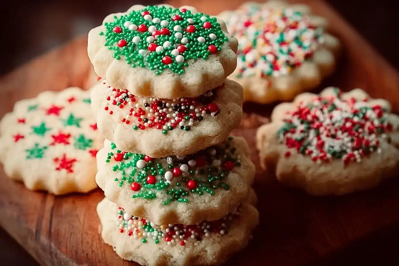 A colorful stack of Christmas sprinkle cookies, perfect for holiday celebrations.