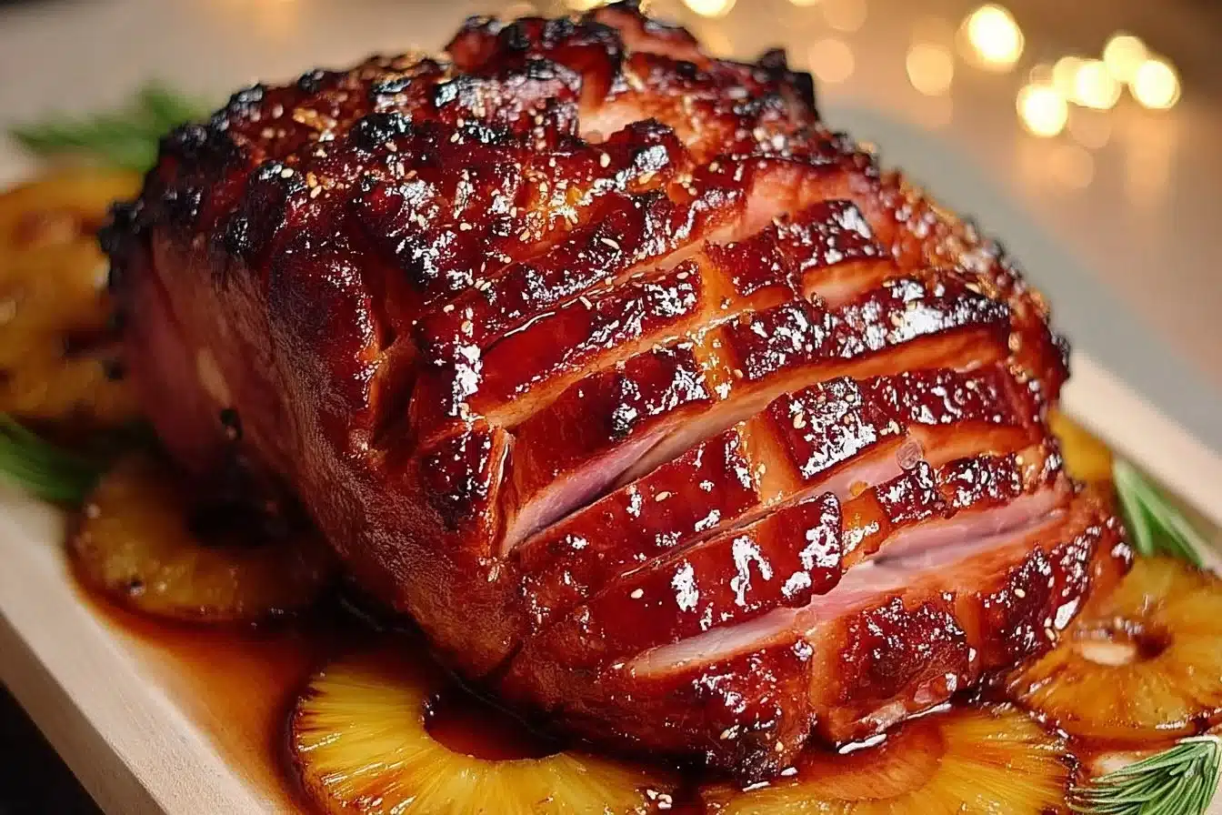 Sticky Pineapple Brown Sugar Glazed Ham on a serving platter