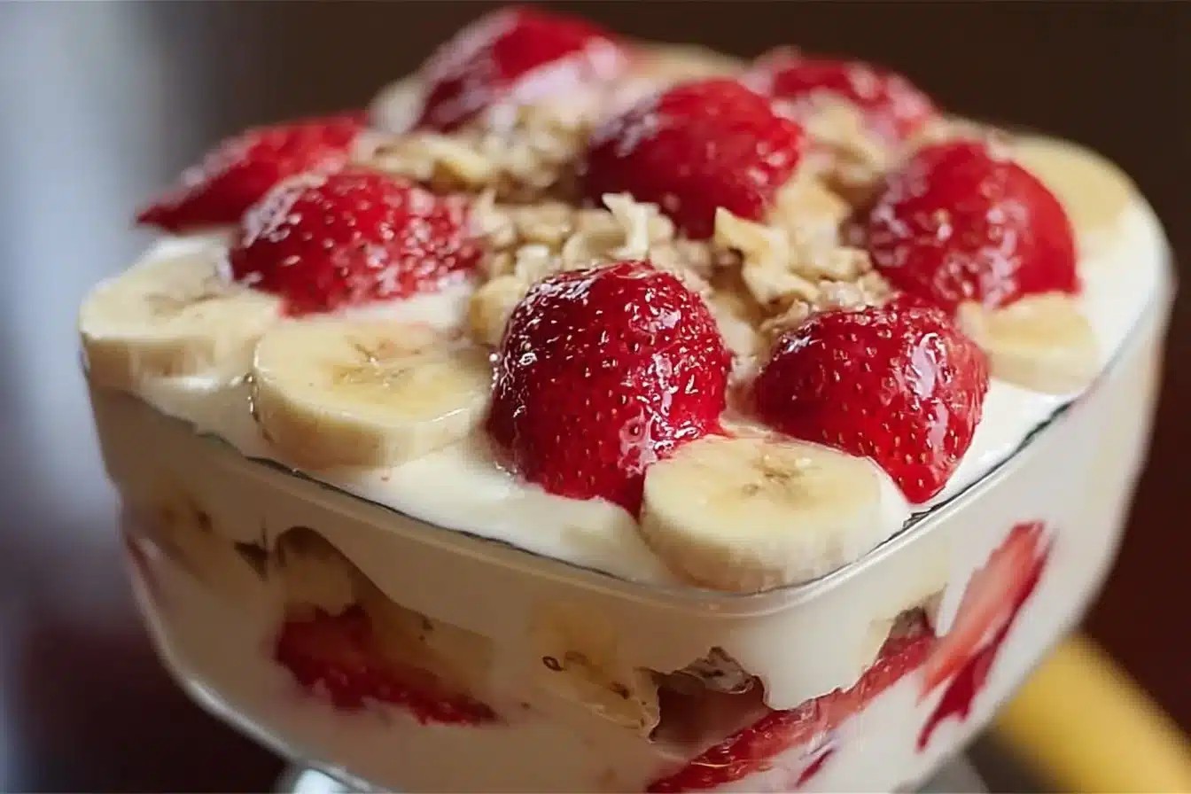 No-bake Strawberry Banana Pudding dessert with fresh strawberries and bananas