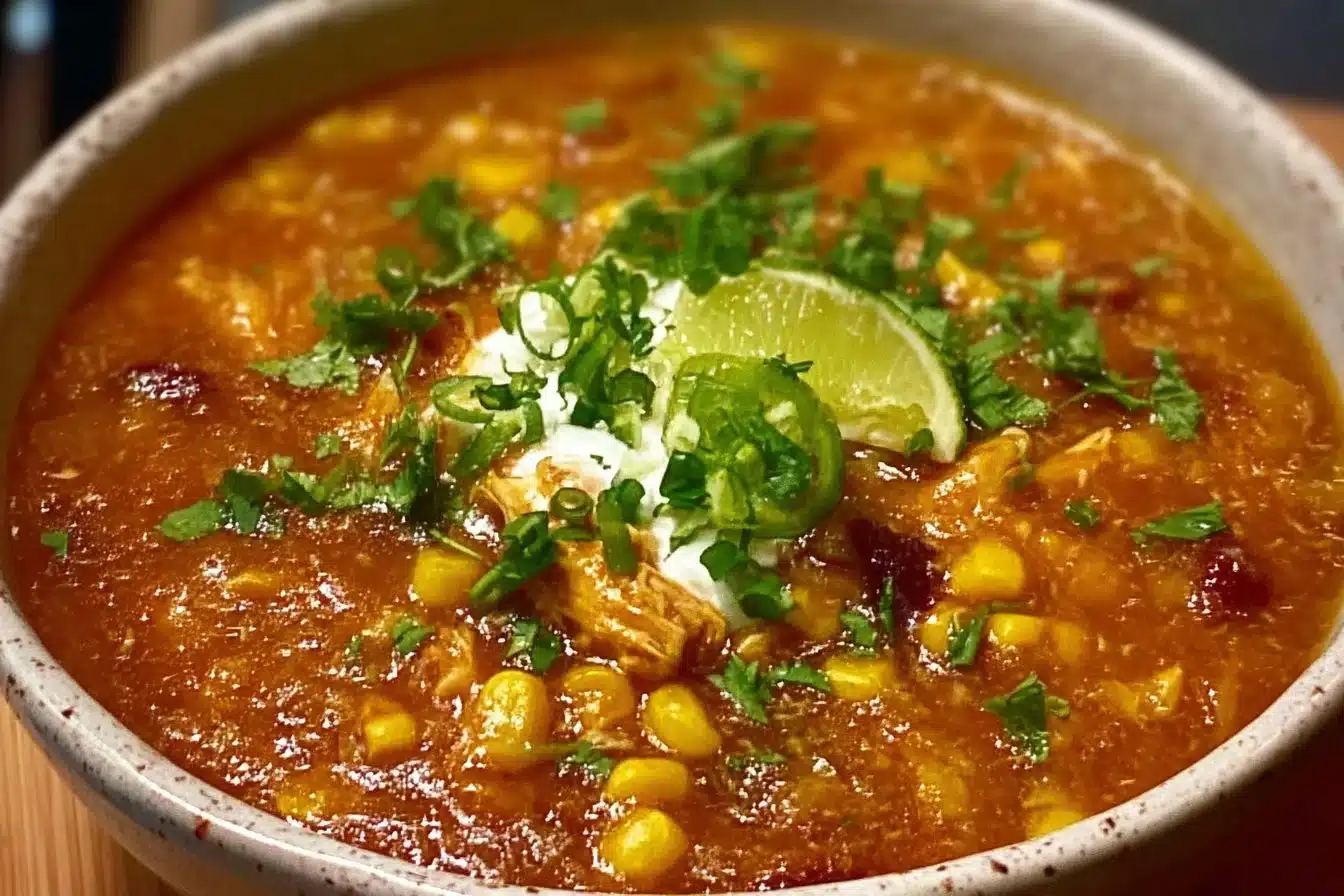 Delicious Street Corn Chicken Chili topped with fresh toppings in a bowl