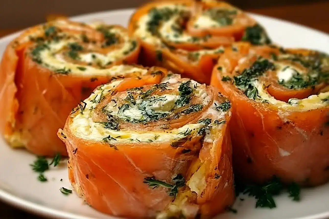 Stuffed salmon pinwheels served on a plate, garnished and ready to enjoy.