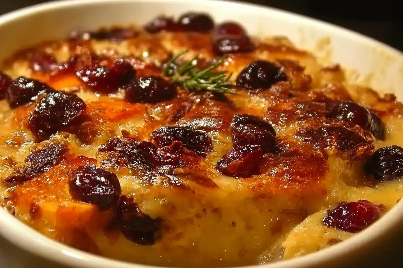 Delicious sweet potato cranberry gratin topped with herbs and spices.