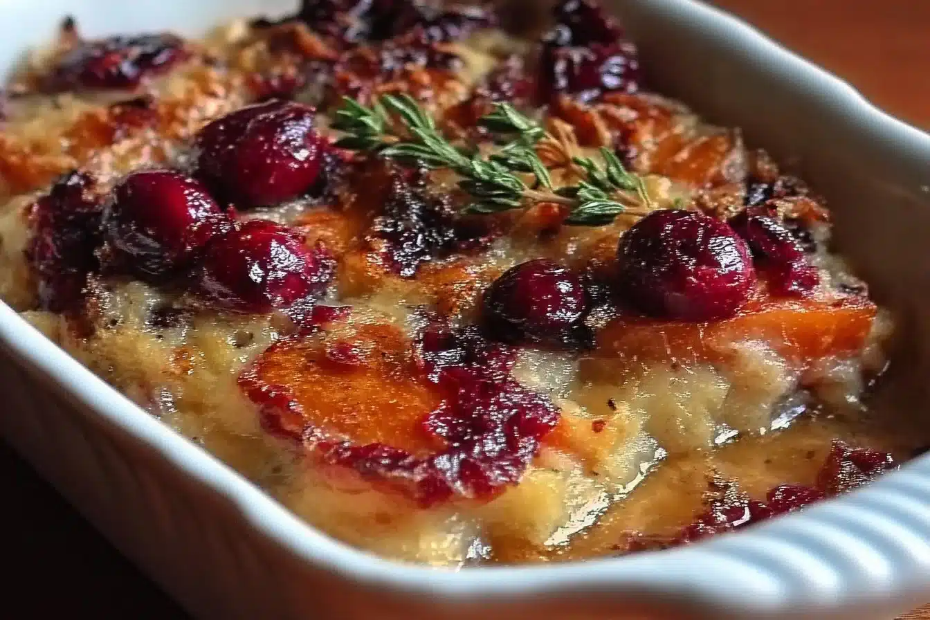 Sweet Potato Cranberry Gratin 3 Delicious sweet potato cranberry gratin baked to perfection in a dish.