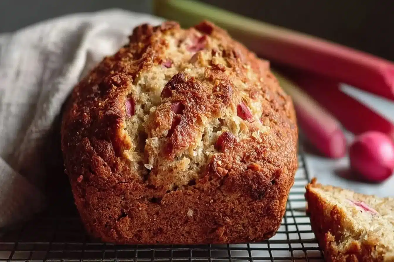 Sweet Rhubarb Bread 2 Loaf of sweet rhubarb bread with slices showcasing its texture