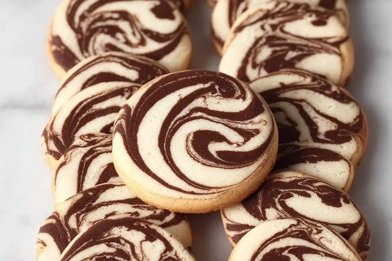 Plate of swirled marble chocolate cookies with chocolate and vanilla marble design
