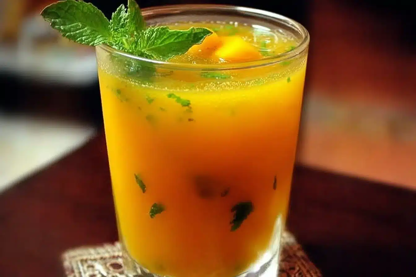 Tamarind Mango Mocktail 3 Tamarind Mango Mocktail in a glass garnished with mango slices and mint leaves.