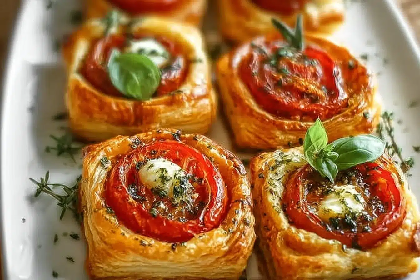 Tomato Tartlets with Puff Pastry 3 Delicious homemade tomato tartlets with flaky puff pastry on a plate.