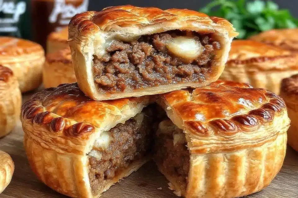 Homemade traditional British meat pie with golden crust and savory filling