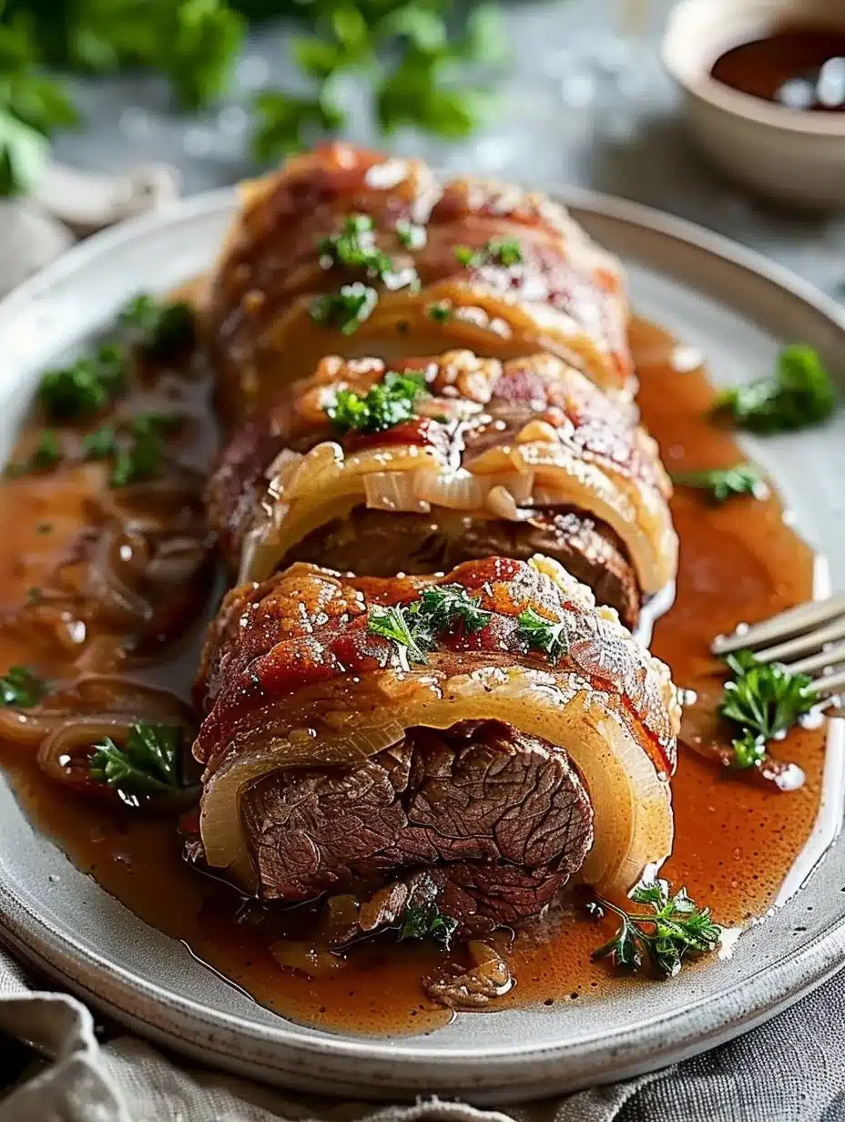 Plate of traditional German Roulades with rich sauce and garnishes
