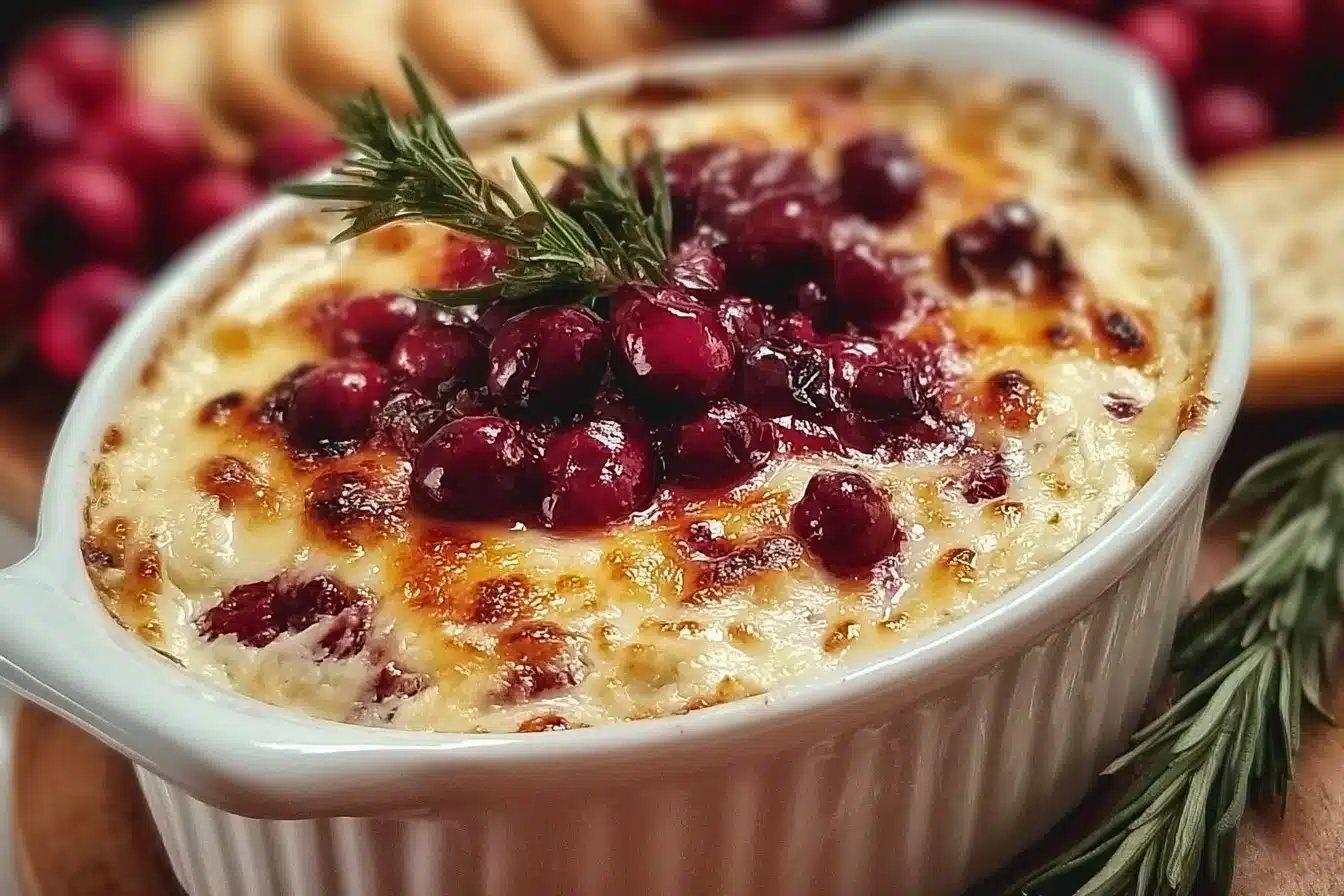 Warm Cranberry and White Cheddar Holiday Dip served in a festive dish