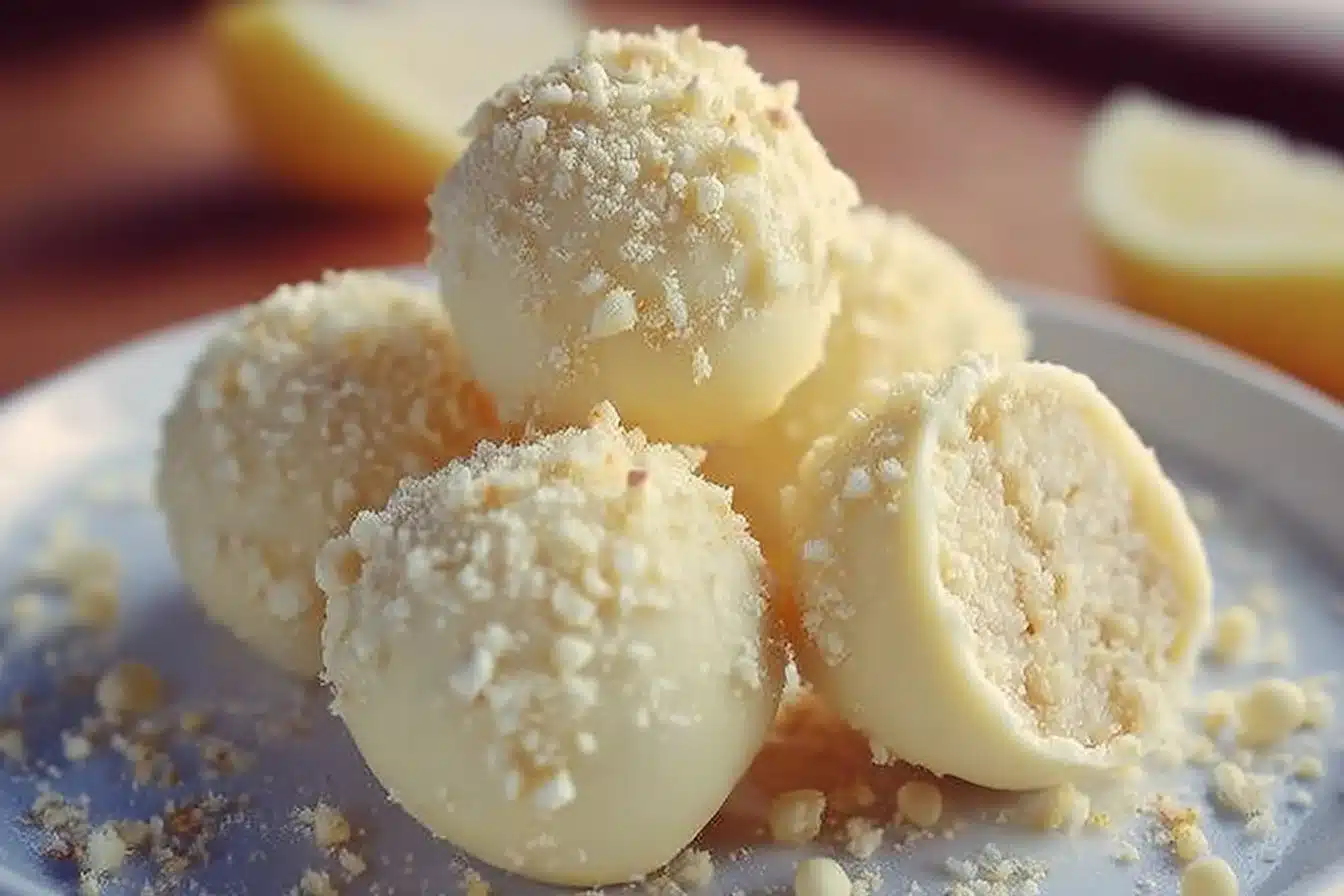 White Chocolate Lemon Truffles 2 Delicious white chocolate lemon truffles displayed on a plate.