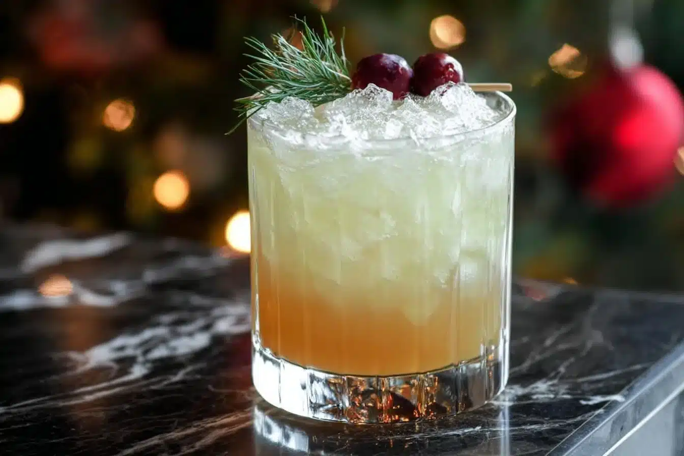 White Christmas Bourbon Smash cocktail with seasonal decorations