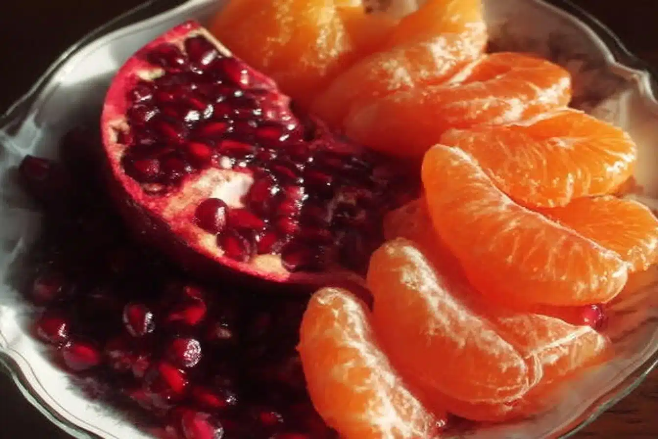 Winter citrus and pomegranate salad with vibrant colors and fresh ingredients.