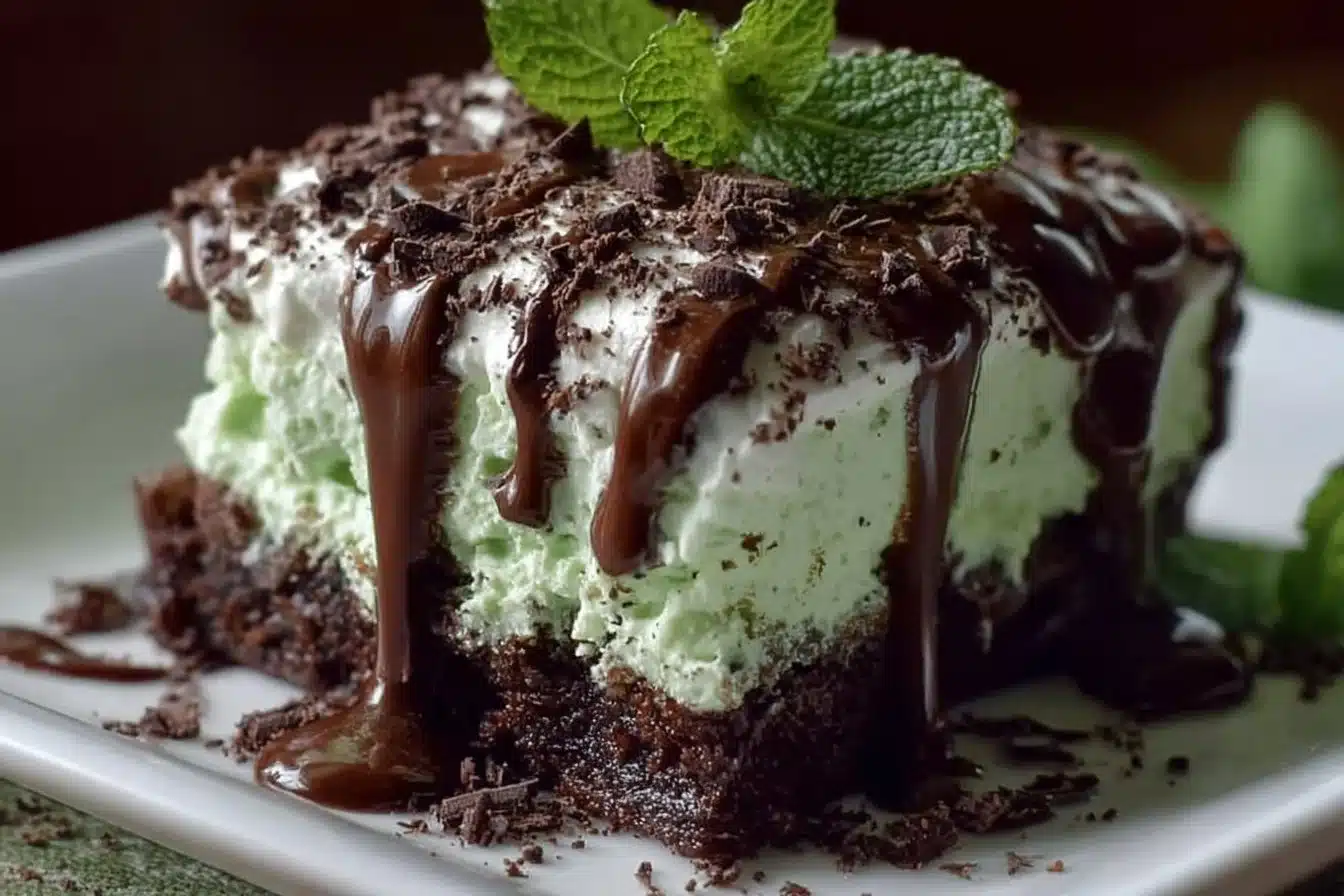 Delicious Andes Mint Poke Cake topped with mint and chocolate