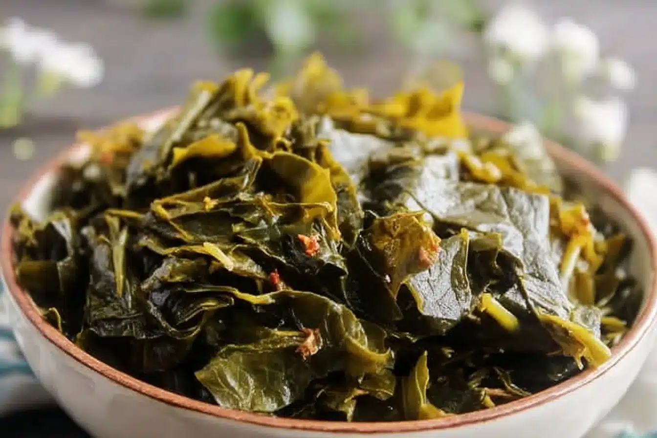 Delicious bowl of authentic Southern collard greens cooked with spices and ham hock