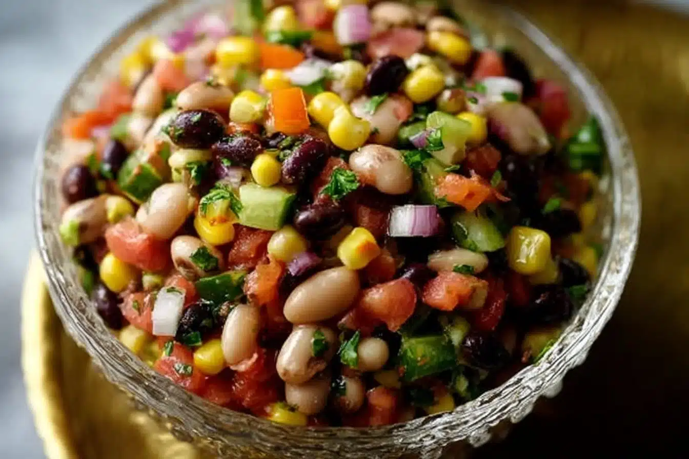 Delicious cowboy caviar made with beans, corn, and vegetables