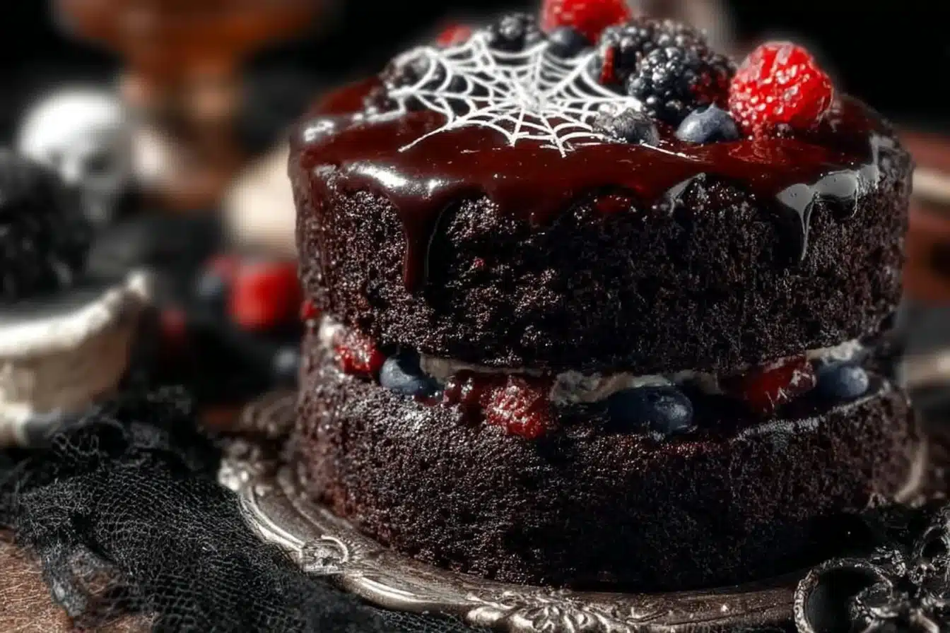 Delicious Black Velvet Halloween Cake decorated for spooky celebrations