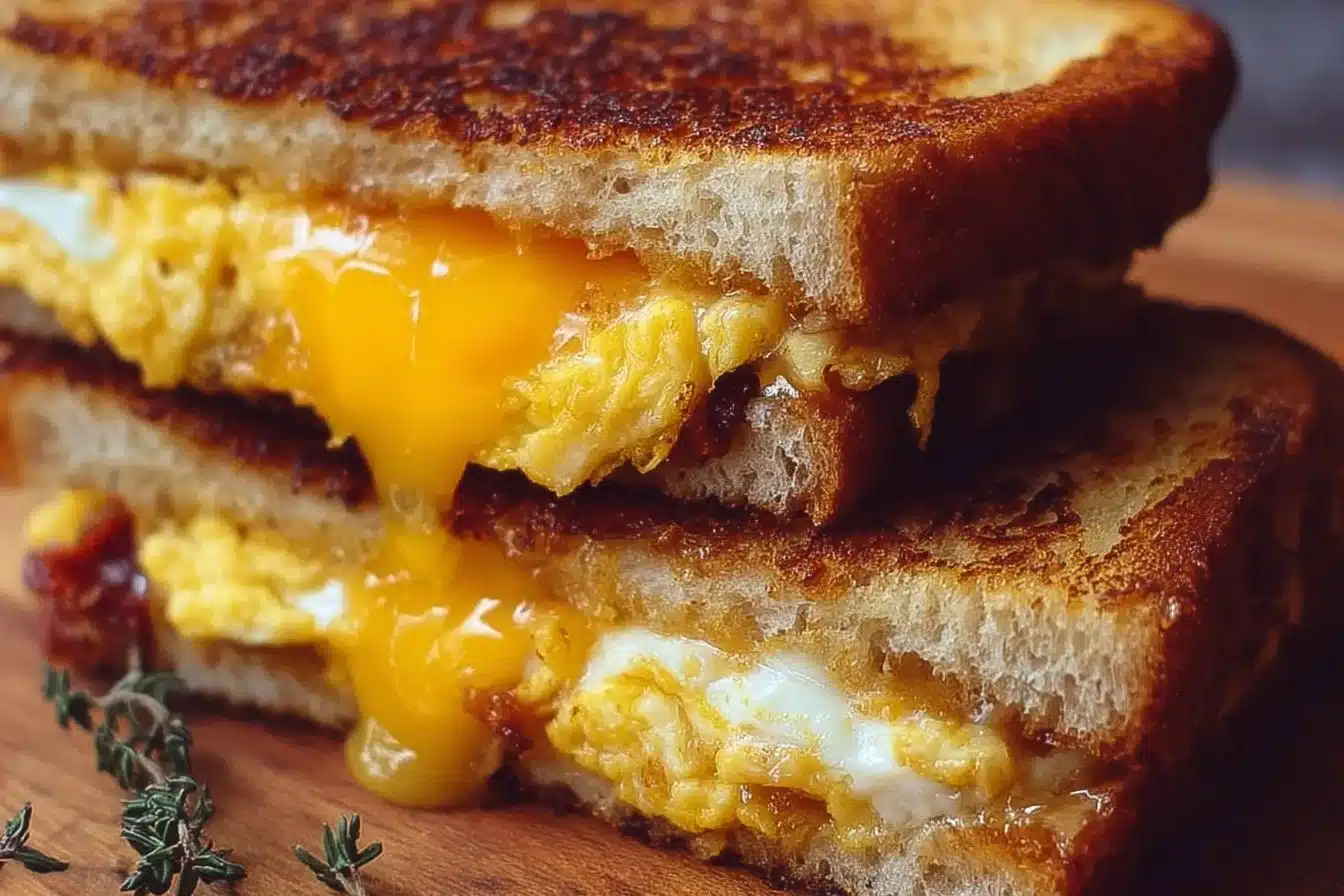 Delicious breakfast grilled cheese sandwich with melted cheese and golden toast