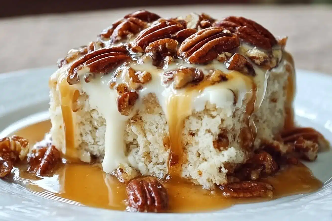 Butter Pecan Praline Poke Cake 3 Delicious Butter Pecan Praline Poke Cake topped with pecans and caramel