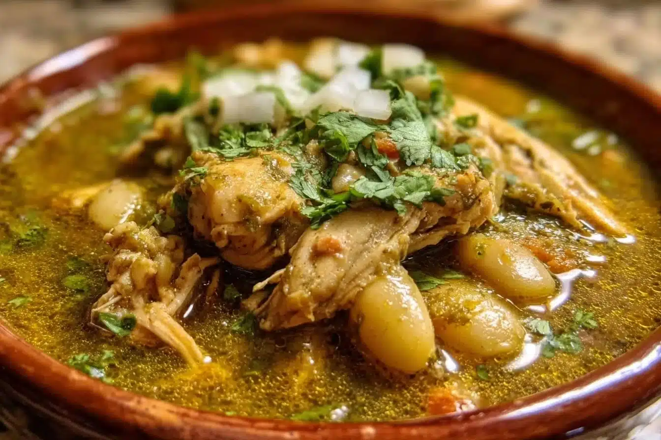 Bowl of Chicken Chile Verde Stew with fresh herbs and spices