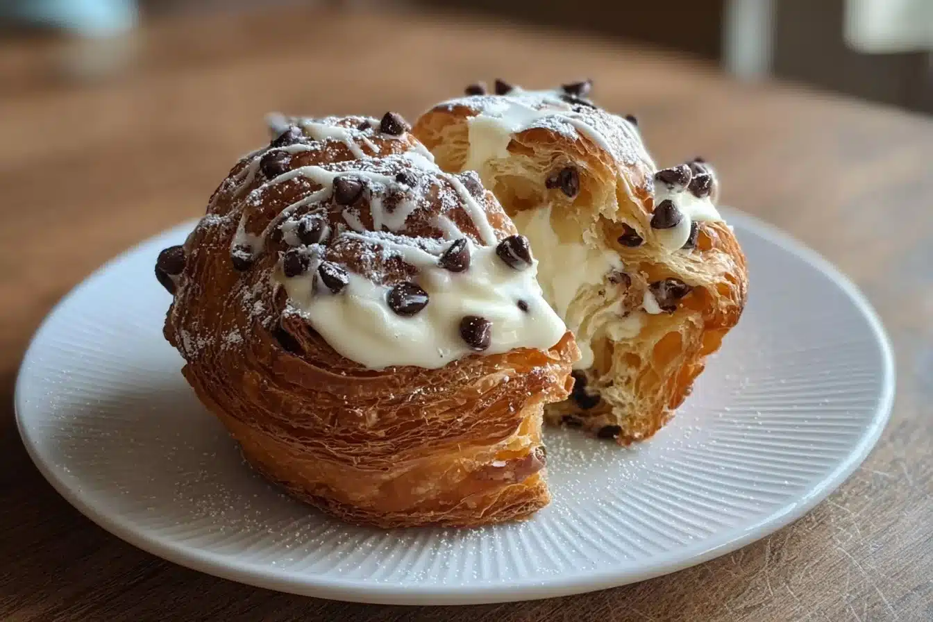 Delicious chocolate chip sourdough cruffin with vanilla cream filling