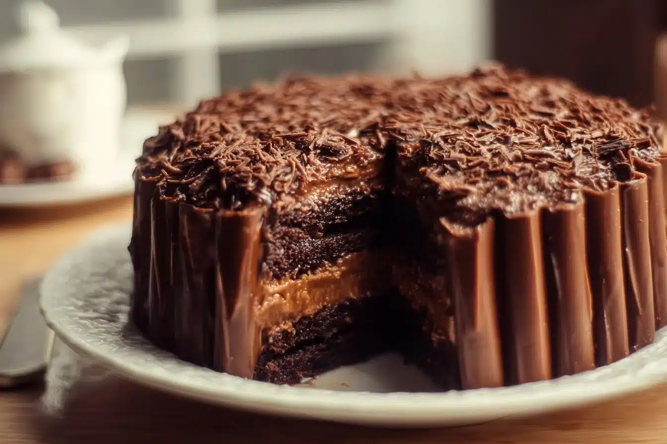 Delicious Chocolate Cigarello Cake with chocolate frosting and decorative cigarello