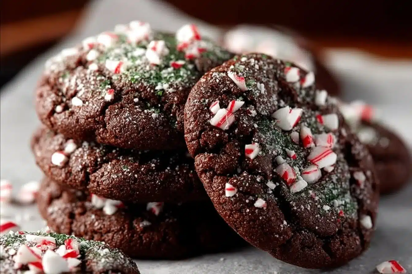 Chocolate peppermint brownie cookies on a festive plate