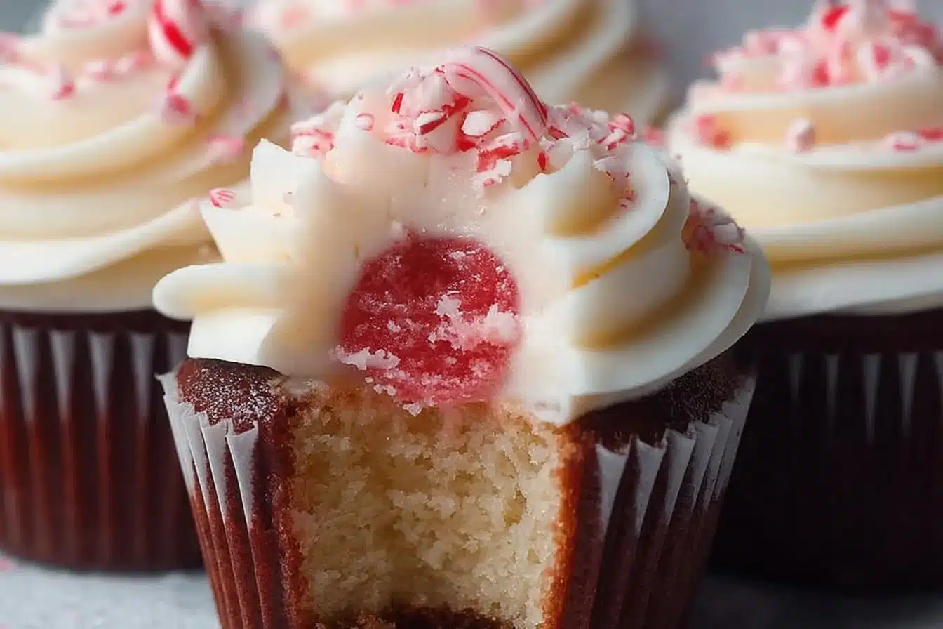 Delicious Christmas candy cane cupcakes topped with peppermint frosting.