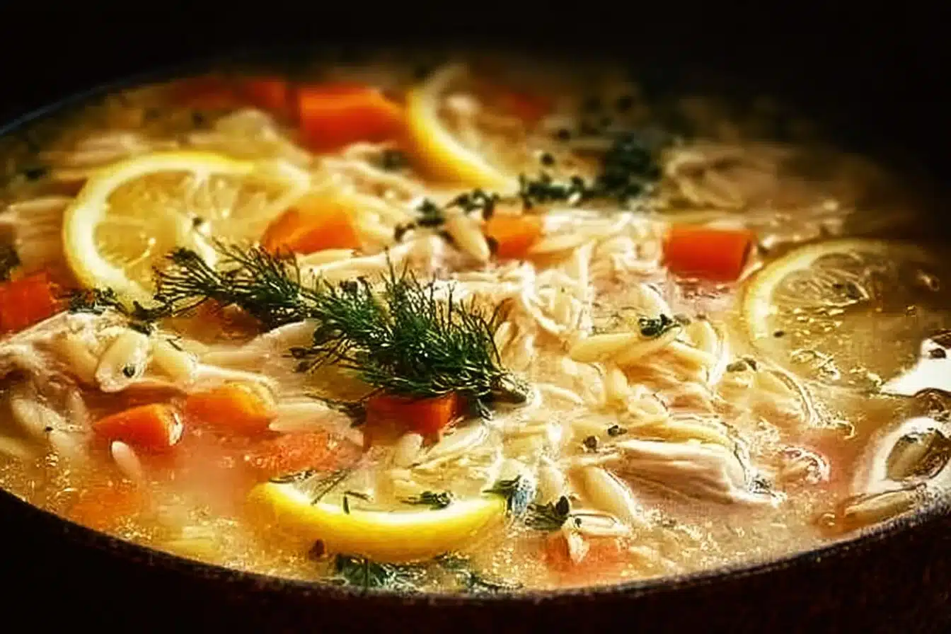 Bowl of comforting lemon chicken soup with orzo and fresh herbs