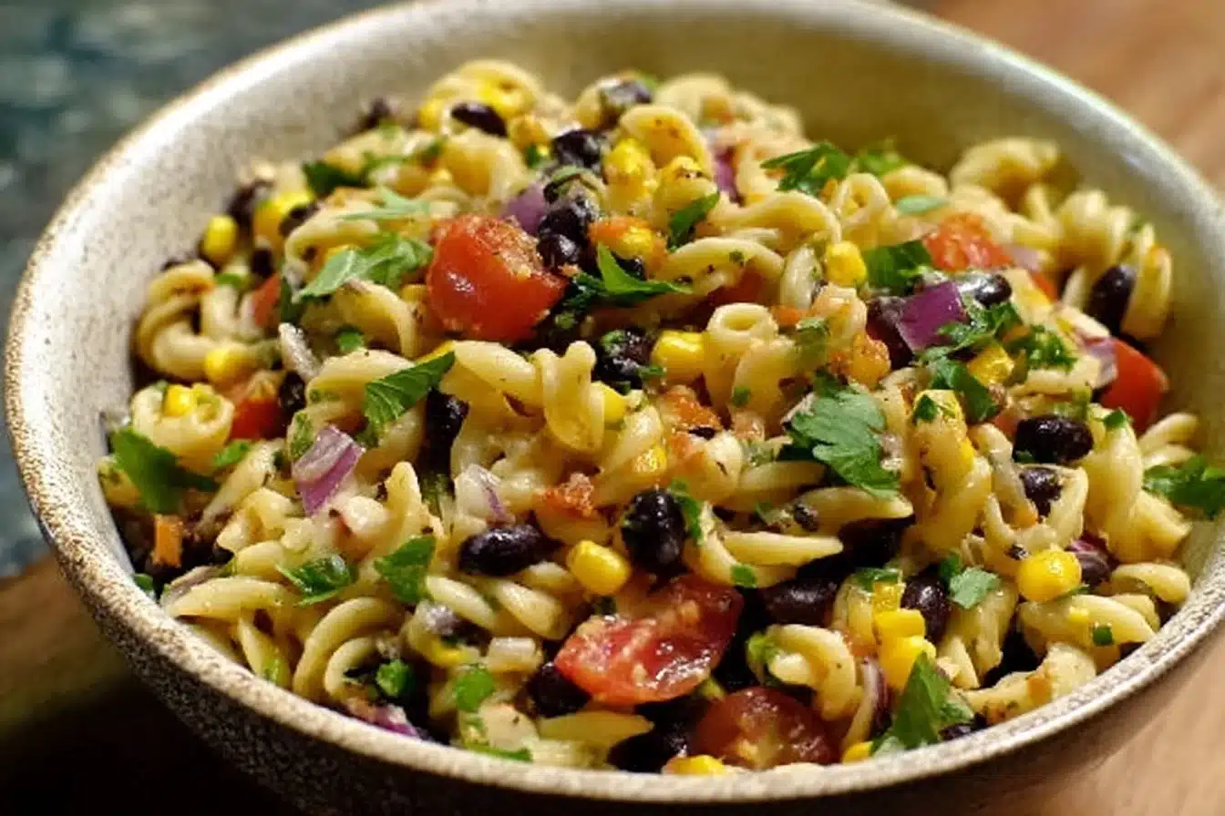 Colorful Cowboy Caviar Pasta Salad with fresh vegetables and beans