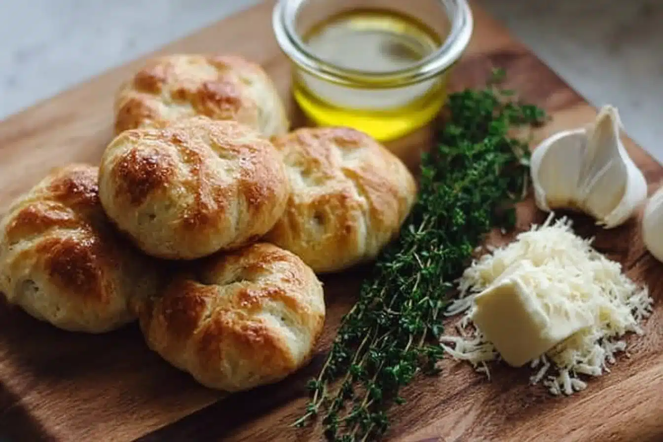 Cozy Sourdough Discard Garlic Knots 3 Cozy sourdough discard garlic knots garnished with fresh herbs.