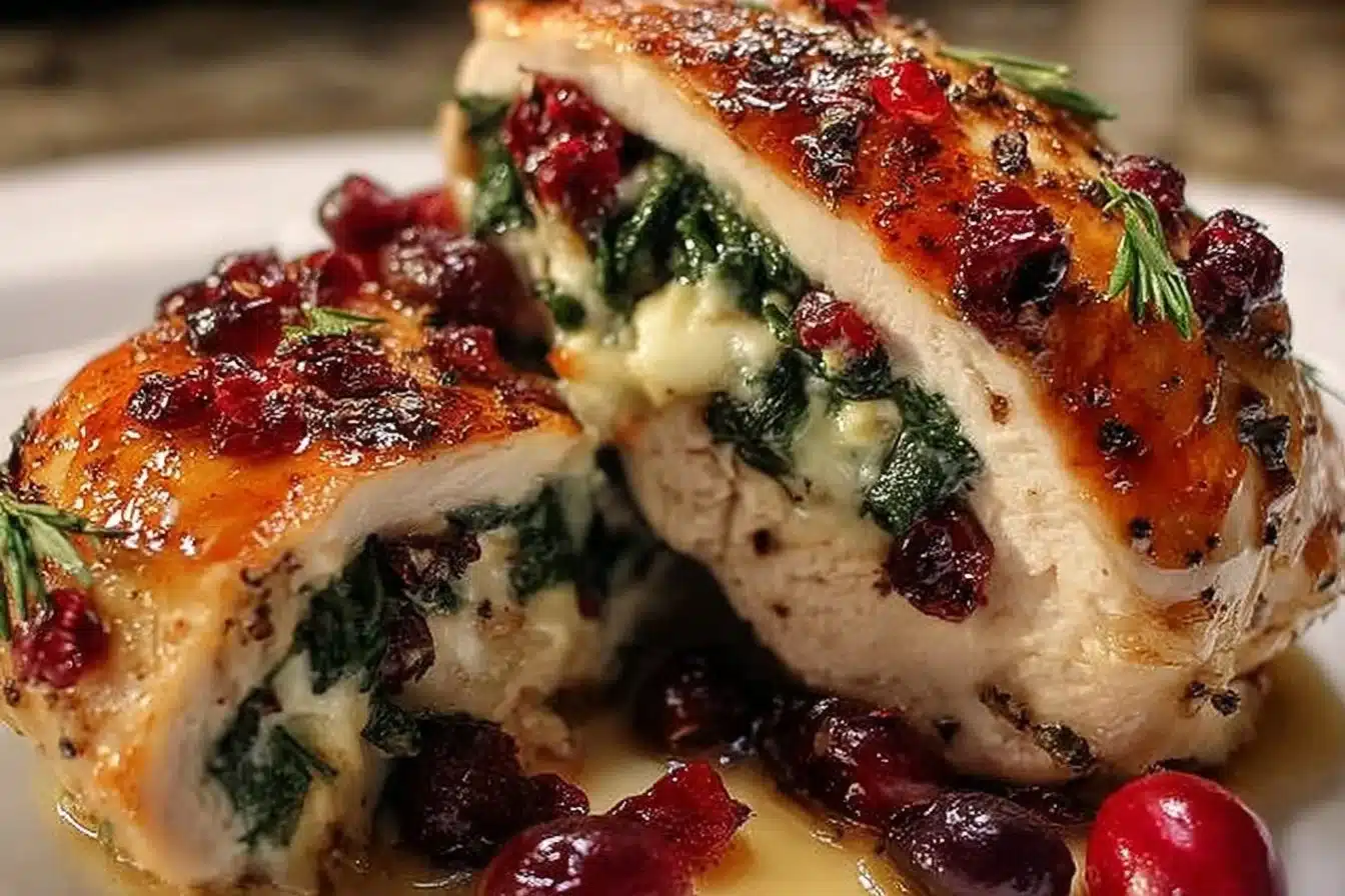 Cranberry and Spinach Stuffed Chicken with Brie served on a plate
