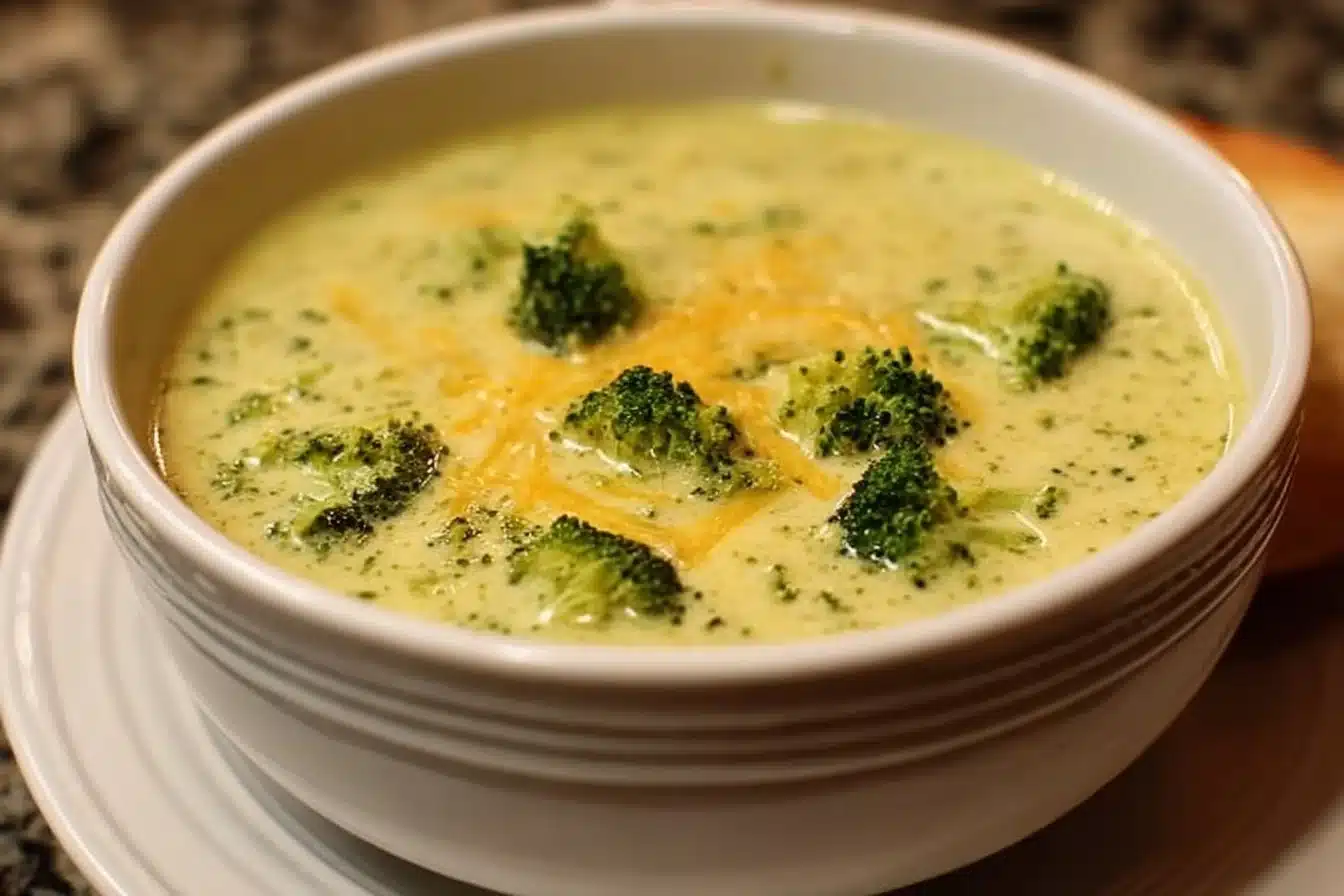 Creamy broccoli cheddar soup in a bowl with a sprinkle of cheese on top
