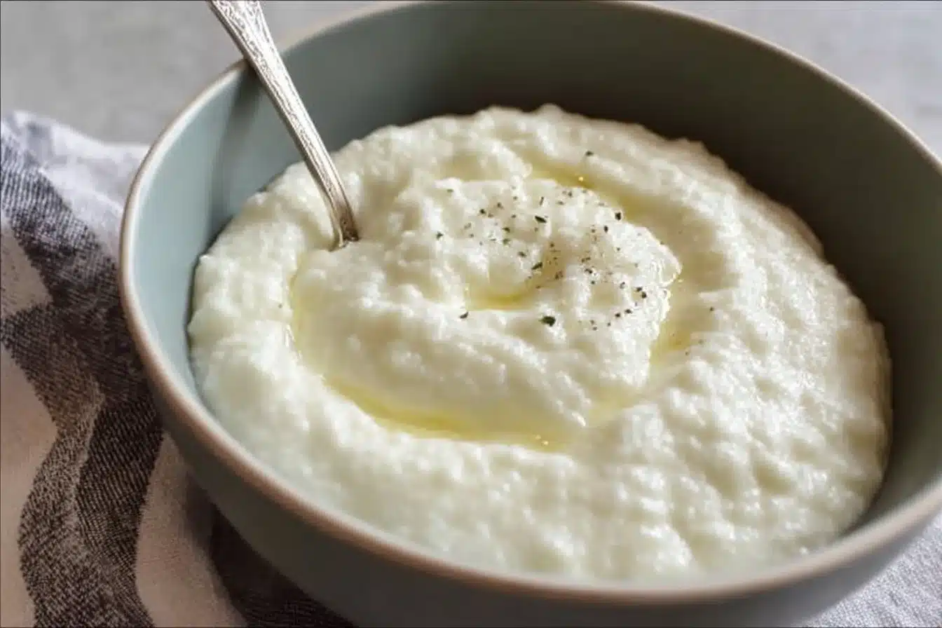 Creamy cauliflower sauce in a bowl, garnished with herbs.