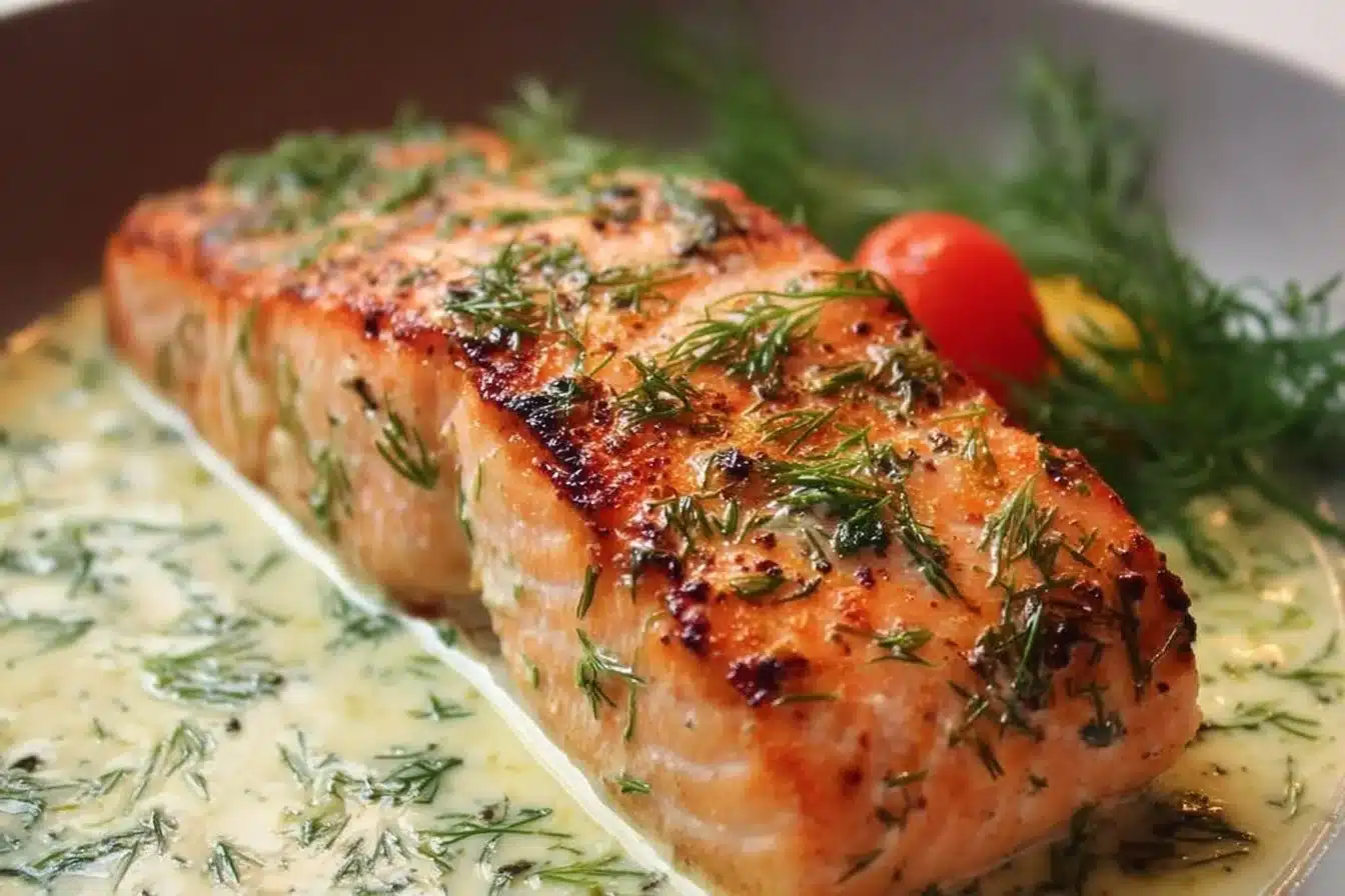 Creamy Dill Salmon with fresh herbs on a plate