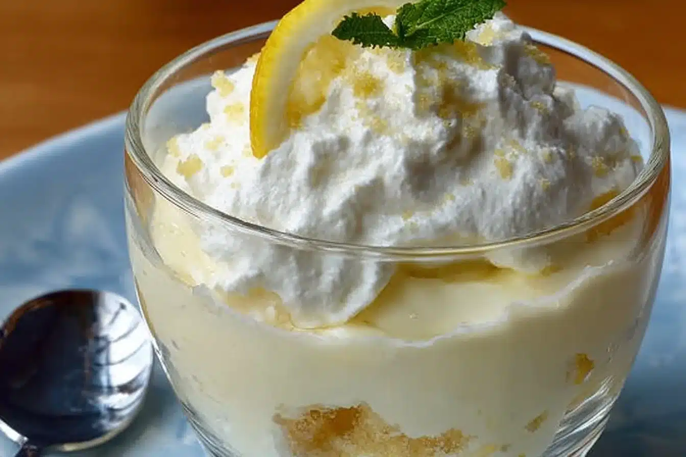 Creamy Lemon Fluff Dessert 3 Creamy Lemon Fluff dessert in a glass with lemon slices and mint on top
