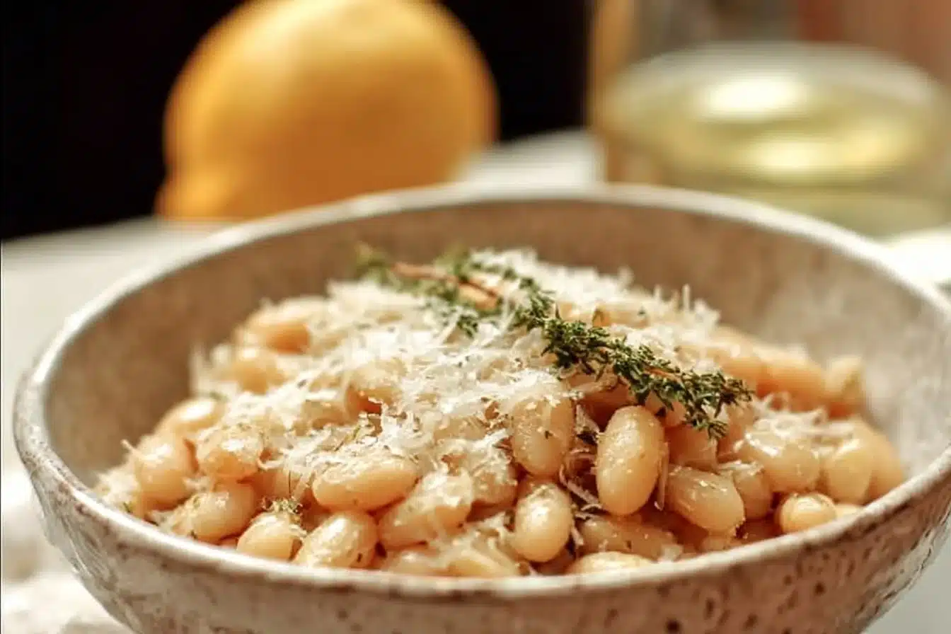 Creamy White Beans with Parmesan and Lemon 3 Creamy white beans with Parmesan and lemon served in a bowl