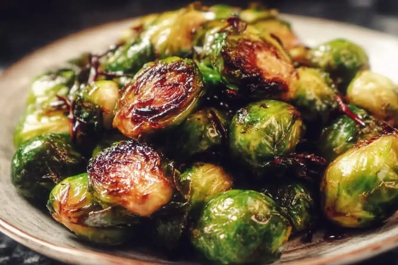 Delicious Crispy Honey Balsamic Brussels Sprouts served on a plate