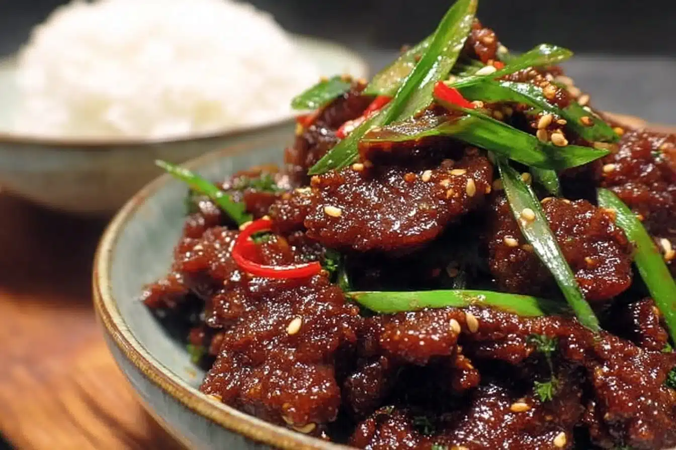 Crispy Mongolian Beef 3 Delicious crispy Mongolian Beef served on a plate with vegetables