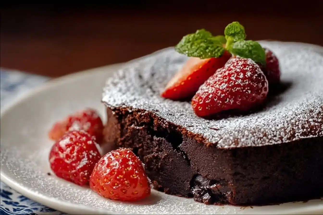 Slice of decadent flourless chocolate cake topped with chocolate ganache