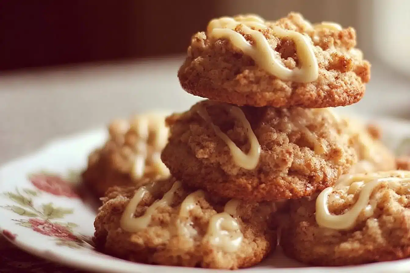 Plate of delicious apple crisp cookies with chunks of apple and a crumbly topping.