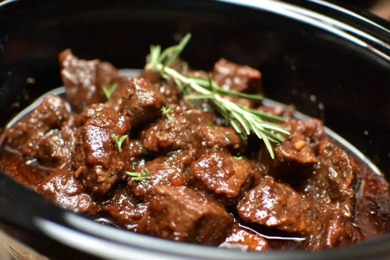 Delicious beef tips cooked in a crock pot for a hearty meal