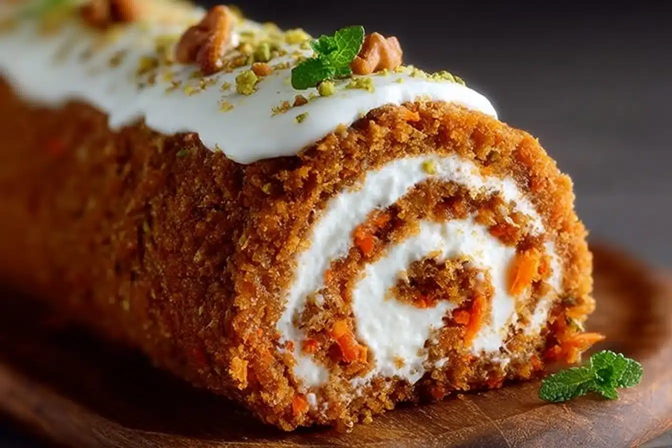 Delicious carrot cake roll with cream cheese filling on a plate